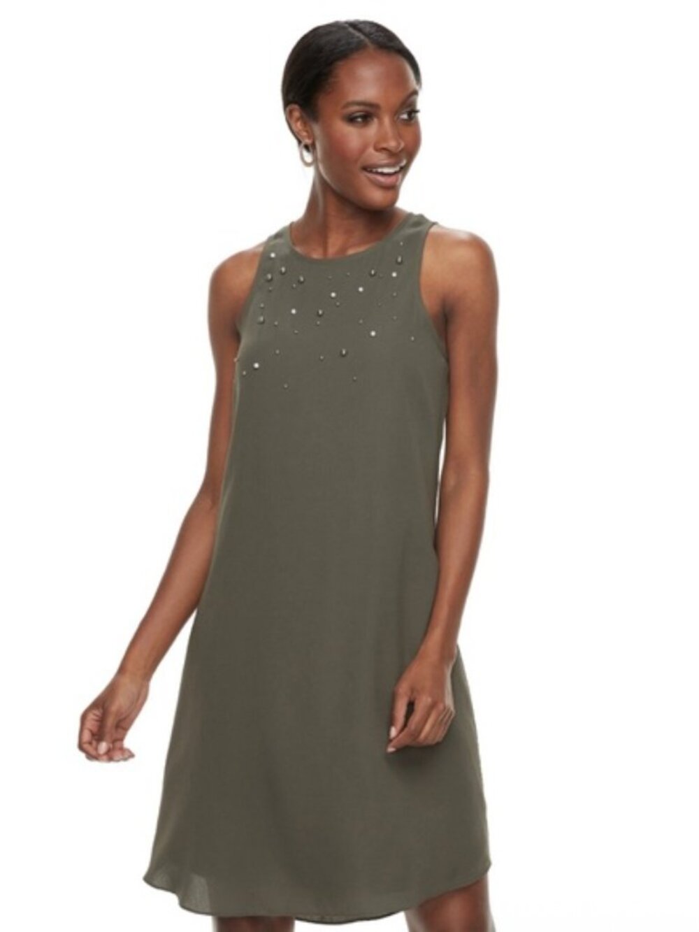 Apt 9 Olive Green Pearls Embellished Sleeveless 1/4 Zip Back Short Dress Women M
